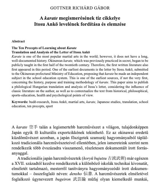 Analysis of Itosu’s letter in Hungarian academic&nbsp;magazine